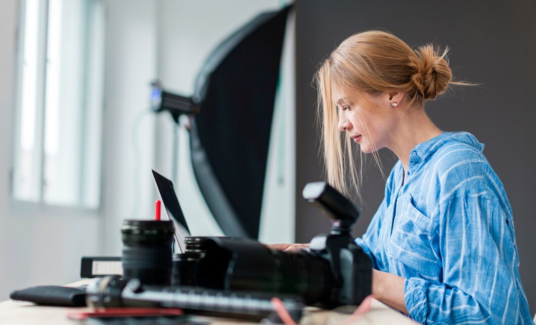 mujer fotografo lateralmente trabajando su banco 23 2148424433